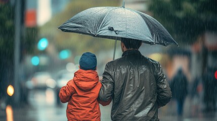 Father and son enjoy a rainy day outing, shielded by an umbrella.