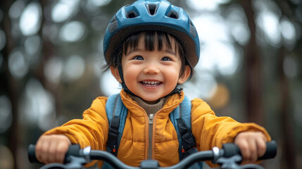 Naklejka premium A cheerful child wearing a helmet and a yellow jacket rides a bicycle, enjoying a beautiful day in a park surrounded by trees