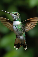 Obraz premium A green hummingbird flutters in mid-air, showcasing its colorful feathers while approaching flowers in a bright and vibrant setting