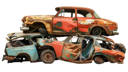 Pile of scrap waste of cars for recycling. Smashed destroyed car wrecks on car junkyard isolated on white and transparent background, cut out png