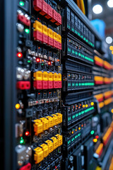 A close-up of a server rack displays colorful circuit boards with red and yellow parts, framed by bright indicator lights