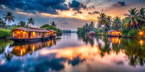 Fototapeta premium Captivating Long Exposure Photography of Cochin's Serene Backwaters at Dusk with Glowing Reflections of Traditional Houseboats and Lush Greenery in the Frame