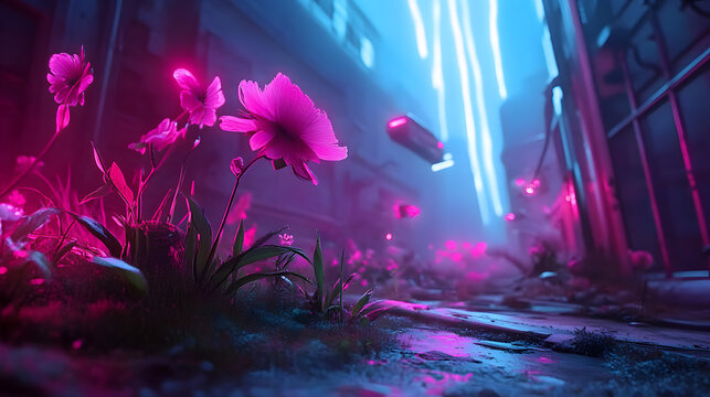 Neonbeleuchtete Blumen in einer futuristischen, post-apokalyptischen Stadtlandschaft

