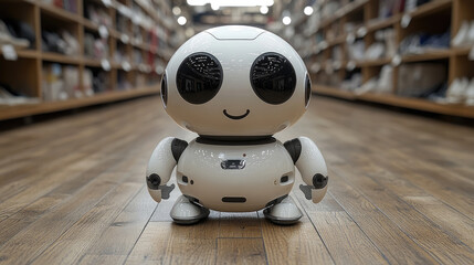 Fototapeta premium A cheerful robot stands in the aisle of a shoe store, engaging with customers while surrounded by various footwear options