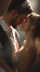 A romantic moment between a couple, captured in soft light, portraying intimacy and connection.