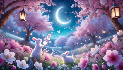 三日月とウサギ