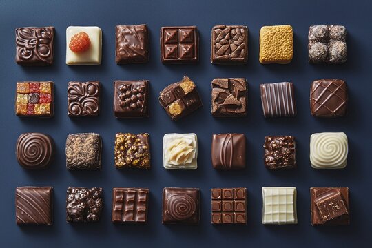 A grid of various square-shaped chocolates arranged in rows and columns on a dark blue background