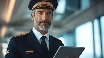 Male pilot standing checking flight schedule on tablet on white background, wearing full pilot uniform and serious expression