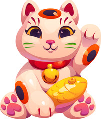 Cartoon Japanese lucky cat maneki neko holds a golden fish while raising one paw in a welcoming gesture symbolizes good fortune and prosperity. Isolated vector traditional souvenir in Japanese culture