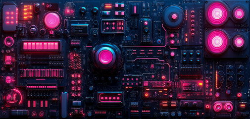 A vibrant electronic circuit board showcases intricate components and glowing neon lights in a dark, high-tech environment