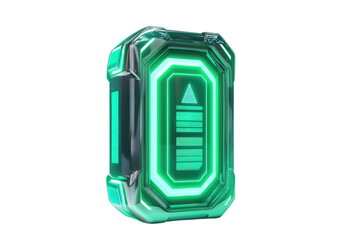 A futuristic, glowing green energy crystal shaped like a rectangular prism, featuring intricate patterns and illuminated edges.