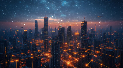 Fototapeta premium An aerial view of a futuristic city with hovering vehicles and high-tech skyscrapers