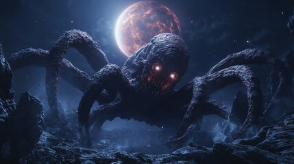 An alien creature with bioluminescent features, multiple eyes, and tentacles