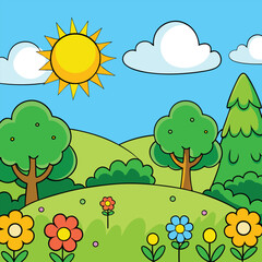 Sunny Day in a Beautiful Green Field with Bushes and Colorful Flowers, Perfect for Outdoor Nature Photography and Scenic Landscape Backgrounds