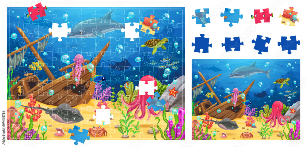 Aufkleber kids jigsaw puzzle logic game with sunken ship at underwater landscape. vector riddle with colorful 