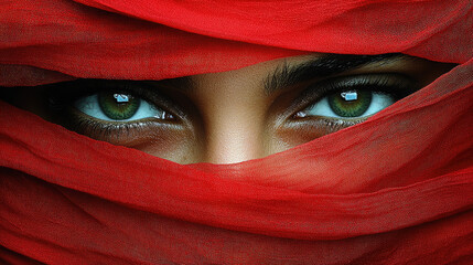 A pair of enchanting green eyes peer out from behind a vibrant red scarf, expressing mystery and intrigue in a hushed environment