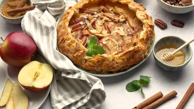 Delicious homemade apple galette with fresh apples, almond slices, and spices