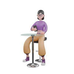 Fototapeta premium 3D Dance Performer Model. A female dancer sits on a bar stool while her right hand holds a mobile phone and in front of her is a round table. Vocal Artist
