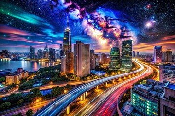 Obraz premium Captivating Night Photography: Exploring Urban Landscapes Under Starry Skies with Colorful Lights and Motion Trails, Perfect for Evening Adventures and City Escapes