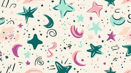 A doodle pattern background with a mix of random abstract shapes like stars, moons, and whimsical squiggles in shades of pink, teal, and lavender on a neutral background. 