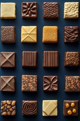 A grid of various square-shaped chocolates arranged in rows and columns on a dark blue background
