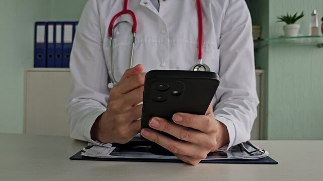 Doctor pressing his finger on screen of mobile phone closeup. Doctor call 