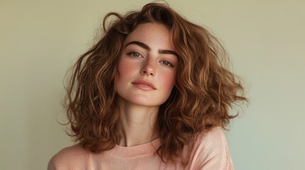 Naklejka premium A woman with brown hair and a pink sweater is posing for a picture