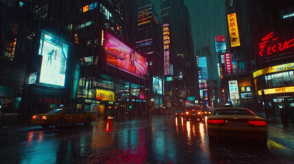 Rainy Urban Night with Neon-Lit Streets, Taxis, and Busy City Vibes