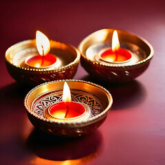"Glowing Diyas with Golden Patterns in Golden Hour Lighting"