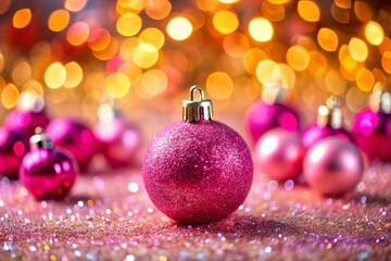 Obraz premium Captivating Pink Christmas Ornament Surrounded by Defocused Glittering Ornaments for Holiday Décor and Festive Spirit