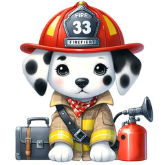 Cute Firefighter Clipart, Watercolor Firetruck Clipart, Helmet, Dalmatian, Extinguisher, Hydrant, Station for Scrapbooking, Card Making
