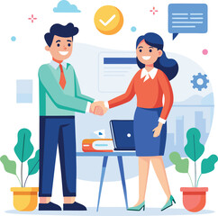 People shaking hands at work - Two businesspeople, man and woman doing handshake in office at work while smiling over business agreement and deal. Flat design stock illustration on white background