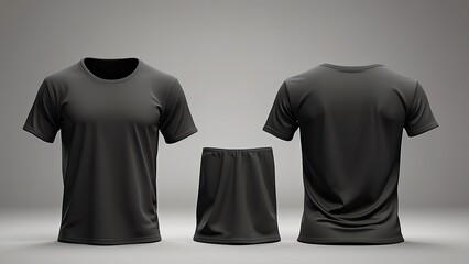  Isolated, front and back views of a blank, clean, black t-shirt mockup are displayed in this 3D depiction. This mockup functions as a model for traditional short-short football attire.-
