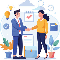 People shaking hands at work - Two businesspeople, man and woman doing handshake in office at work while smiling over business agreement and deal. Flat design stock illustration on white background