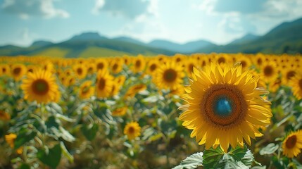 Obraz premium Vibrant Sunflower Field Under Bright Sky with Mountain Range in Background, Capturing Nature's Beauty and Colorful Floral Landscape in Full Bloom
