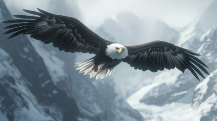Fototapeta premium Majestic Bald Eagle Soaring Over Snow-Covered Mountains in Winter Landscape