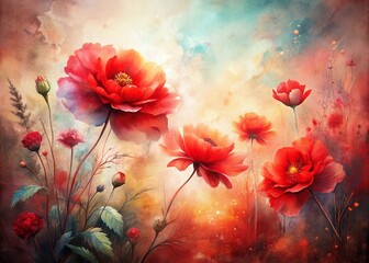 Obraz premium Captivating Red Floral Watercolor Art Print for Home Decor, Featuring Lush Petals, Vibrant Hues, and Elegant Brush Strokes to Enhance Any Space with Nature's Beauty