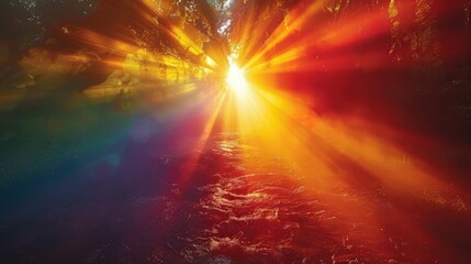 Stunning Sunrise Over a Tranquil River with Vibrant Sunbeams Shining Through Dense Forest, Creating a Captivating Natural Landscape Scene