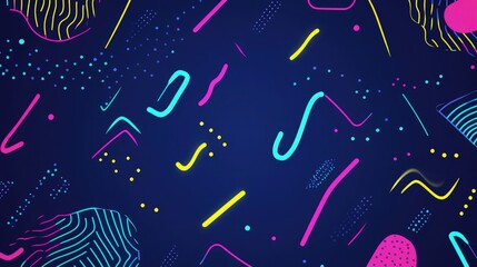 A fun, abstract vector pattern with irregular shapes, polka dots, and zigzag lines in neon colors against a dark blue background. The pattern is vibrant and bold.
