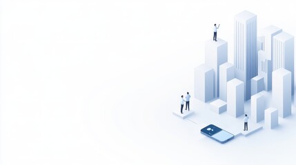 A digital cityscape featuring abstract buildings and figures, symbolizing urban development and technology integration.