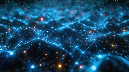 Obraz premium Stunning Abstract Data Visualization with Bright Particles and Light Effects in a Blue and Black Gradient: Perfect for Technology and Innovation Themes