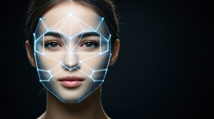 A digitally enhanced portrait of a woman with a geometric, algorithmic overlay representing facial recognition technology.