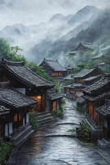 Fototapeta premium A misty mountain village in the rain, with sloped roofs