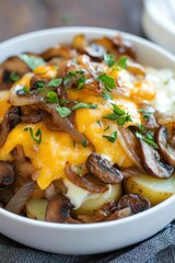 A potato bowl topped with melted cheese, saut mushrooms, and caramelized onions