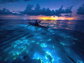 A unique clear kayaking experience through bioluminescent waters at night