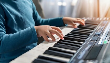 Fototapeta premium Midi keyboard or electronic piano and playing child hands