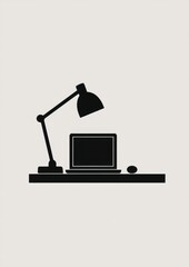 Fototapeta premium A black and white image of a desk with a laptop and a lamp
