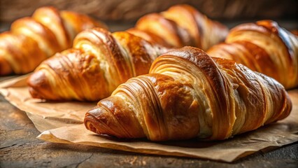 A Delicious Row of Freshly Baked Croissants on Parchment Paper, Artfully Composed with the Rule of Thirds for a Mouthwatering Culinary Display