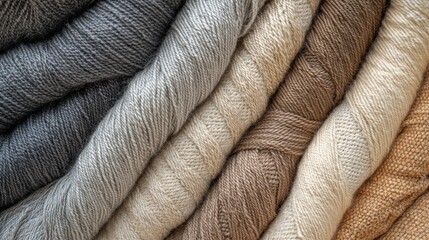 Closeup of assorted cozy knitted wool textures in neutral tones