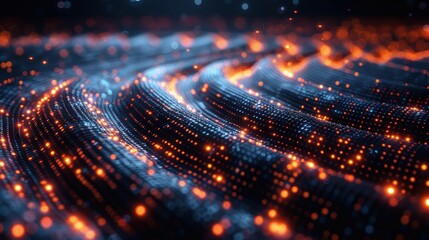 Abstract Glowing Particles Flowing in Wavy Patterns, Illuminating Dark Background with a Mix of Blue and Orange Lights, Creating a Futuristic and Dynamic Visual Experience